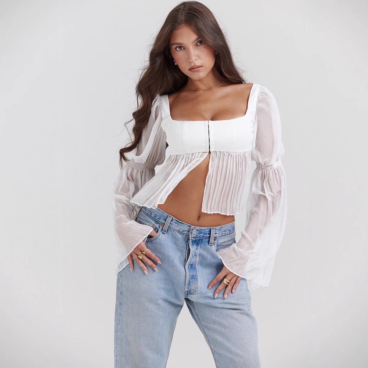 Long Sleeve Square Collar Top For Women