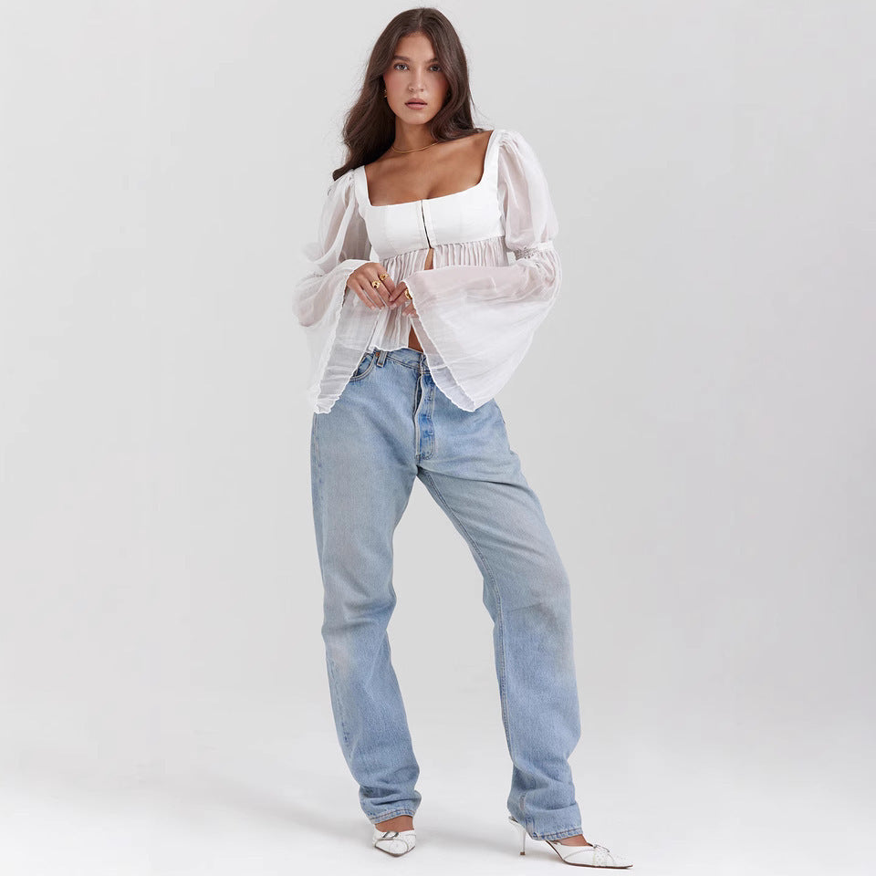 Long Sleeve Square Collar Top For Women