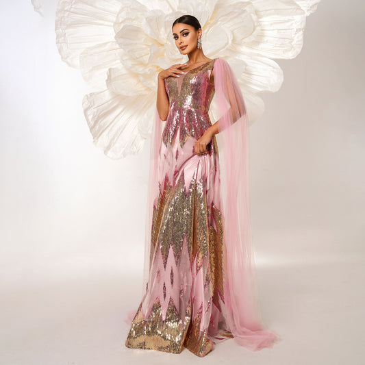 Long Sleeve V-neck Sequins Long Dress For Women