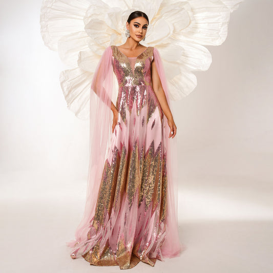 Long Sleeve V-neck Sequins Long Dress For Women