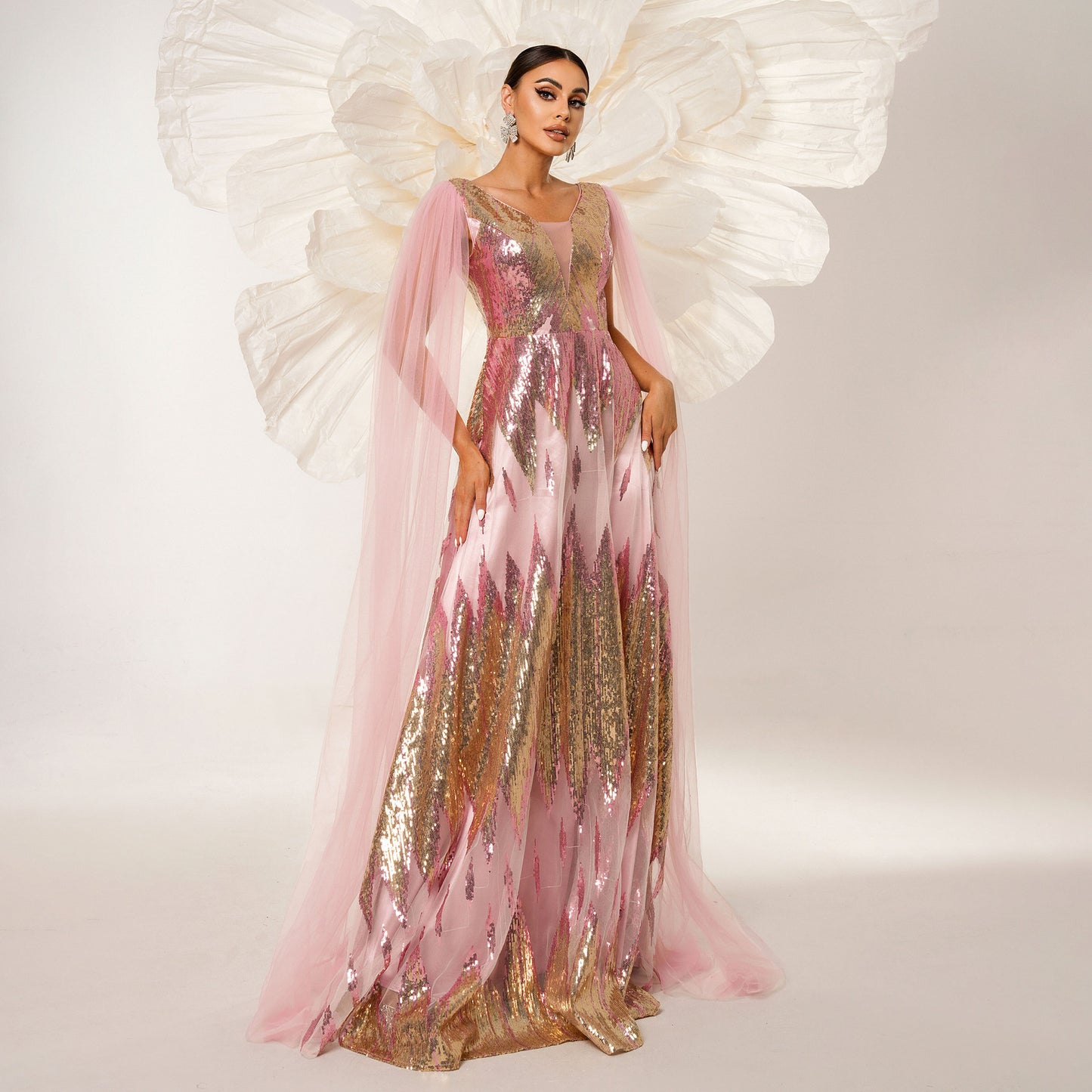 Long Sleeve V-neck Sequins Long Dress For Women