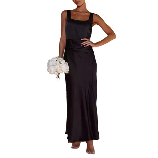 Square Collar Backless Slit Long Dress For Women
